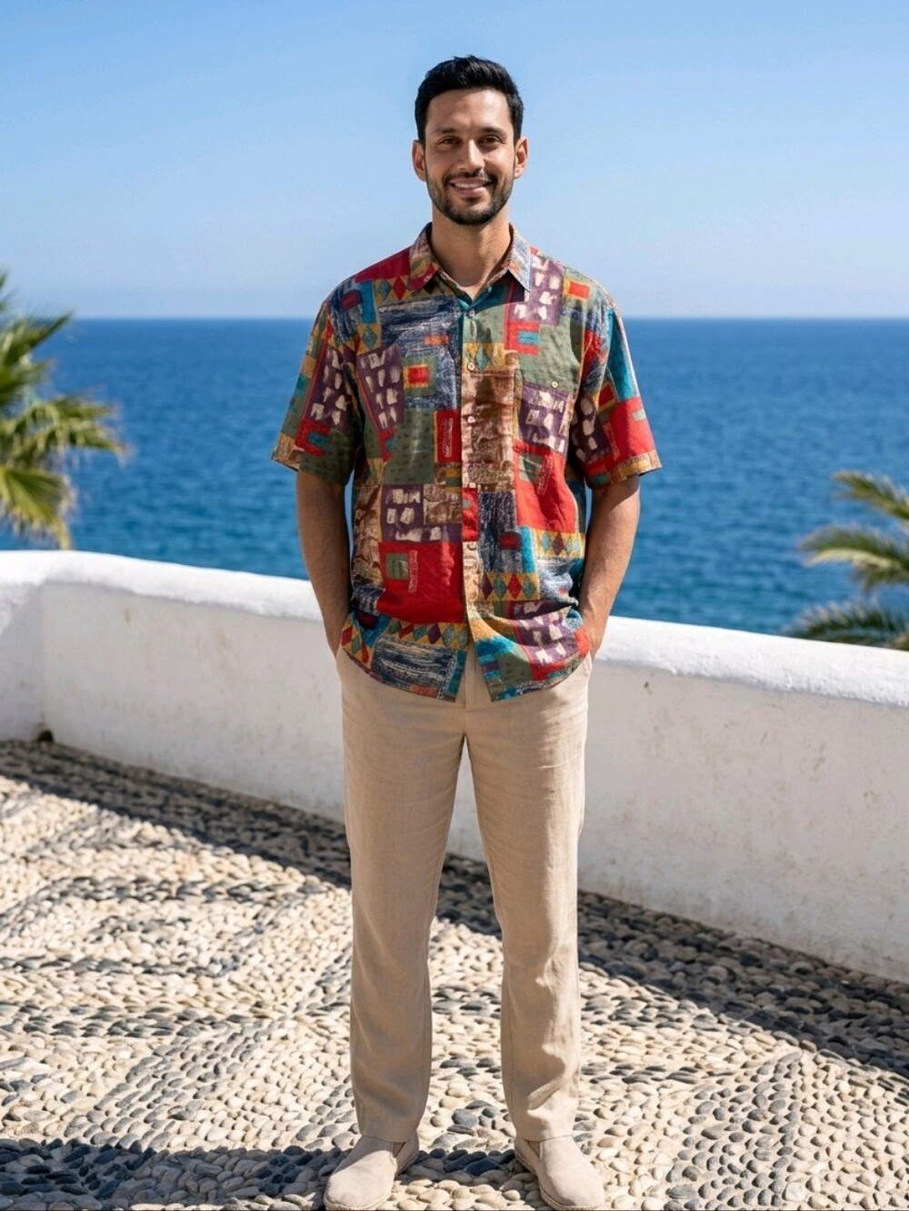 Vintage Burma Bibas Cotton Lawn Abstract Patchwork Geometric Shirt L